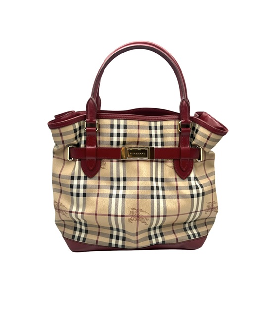 Burberry Tote Bag en lona con detalles en cuero rojo