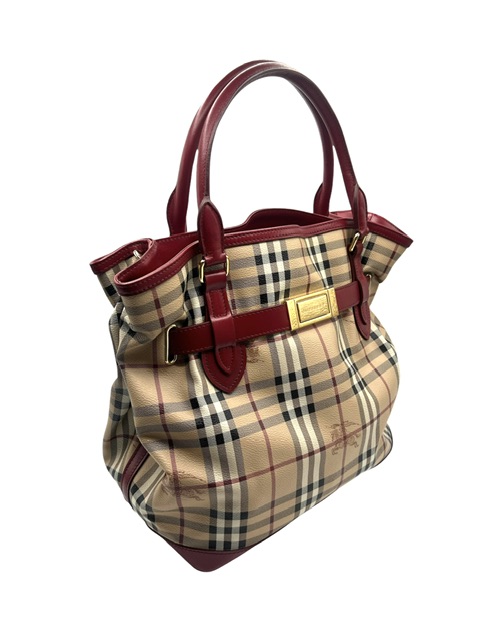 Burberry Tote Bag en lona con detalles en cuero rojo