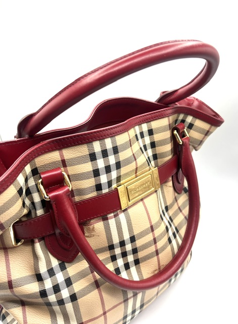 Burberry Tote Bag en lona con detalles en cuero rojo