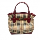 Burberry Tote Bag en lona con detalles en cuero rojo