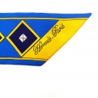Hermès Twilly silk scarf in blue and yellow tones with a dog motif